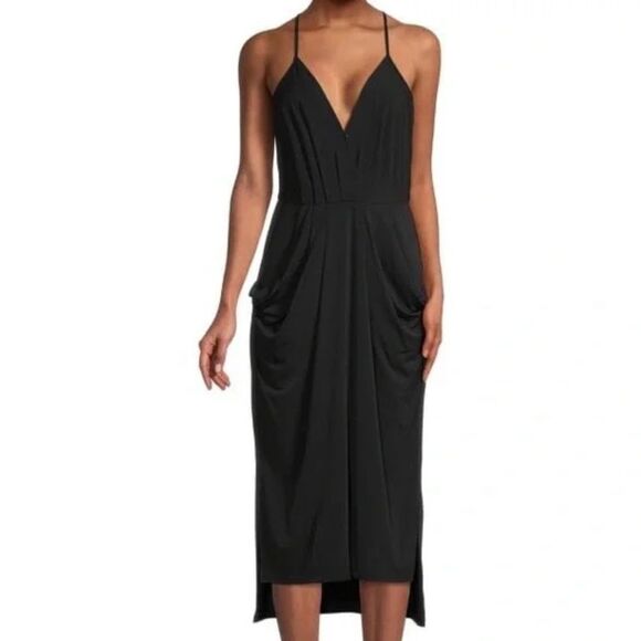 BCBGeneration black draped Della spaghetti strap halter keyhole midi dress - Picture 2 of 15